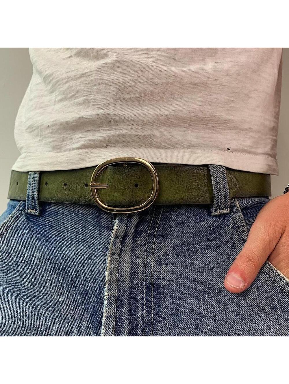 Faded Green leather belt with Gold oval belt buckle. Very cool unique belt. Y2k